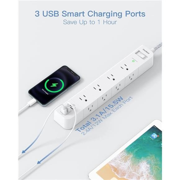 10 ft Extension Cord, Power Strip Surge Protector - 8 Widely AC Outlets 3 USB - Picture 5 of 6